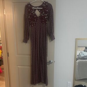 Free People Floral Long Sleeve Maxi Dress - Burgundy
